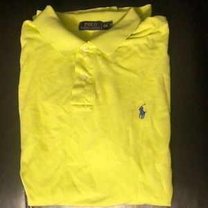 Lime green polo shirt.